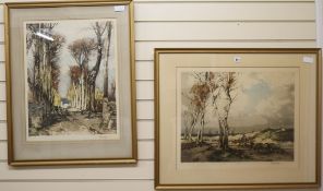 French School, two coloured etchings, shepherd in a landscape and woodmen on a lane, indistinctly