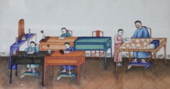 A 19th century Chinese gouache on pith paper, study of a school room 19 x 32cm