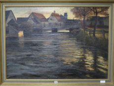 German School, Oil on canvas, river at sunset, indistinctly signed and dated 1910, 74 x 104cm