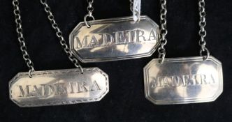 Three George III/IV silver 'Madeira' wine labels makers; Robert Percy, London c.1775, Sussanah