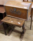 A miniature drawleaf table and an oak casket table W.51cm casket W.56cm