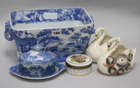 A 19th century blue and white tureen, a sauce tureen, cover and stand and three other items