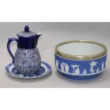 A Wedgwood blue jasper salad bowl, a pearlware plate and a stoneware jug and cover