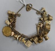 A 9ct gold charm bracelet, hung with assorted mainly 9ct charms and a 1907 gold full sovereign.