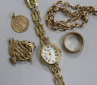 A 9ct gold necklace, a 9ct gold ring, two 9ct gold charms and a lady's Sekonda wrist watch.