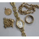 A 9ct gold necklace, a 9ct gold ring, two 9ct gold charms and a lady's Sekonda wrist watch.