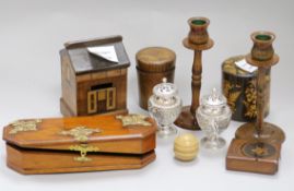 A collection of assorted treen including a house money box and a pair of white metal peppers money