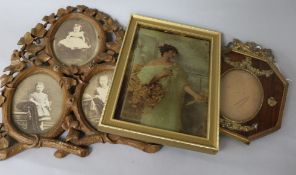 A Bavarian carved wood triptych photograph frame, 21cm, a chrystoleum and a gilt metal mounted photo