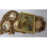 A Bavarian carved wood triptych photograph frame, 21cm, a chrystoleum and a gilt metal mounted photo