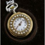 An early 20th century silver, yellow metal and enamel fob watch with split pearl set bezel, the back