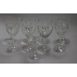 A set of six glasses with R and crown crest and three other glasses