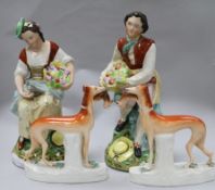 A pair of Staffordshire dogs and a pair of figures of fruit sellers figures 33cm