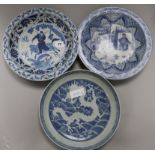 Three Chinese blue and white dishes diameter 28cm