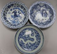 Three Chinese blue and white dishes diameter 28cm