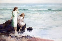 H P Barsley "Girls by the shore", watercolour signed 23 x 34cm
