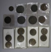 A collection of copper bank tokens, including One Penny Bewicke Main Colliery 1811, Newgate Prison