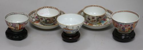 Three 18th century Chinese family rose tea bowls and two saucers, two other teabowls and three