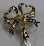 A late 19th century French 18ct gold, enamel and rose cut diamond set ribbon bow brooch, (enamel a.