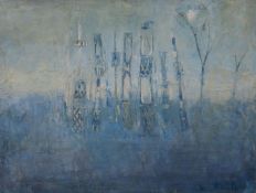 Keith Mitchell, oil on canvas, 'Blue Totems', signed and dated '65 50 x 65cm
