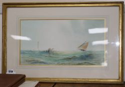 Charles E Hannaford watercolour "Off the Eddy Stone Light House" 23 x 44cm.