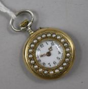 An early 20th century silver, yellow metal and enamel fob watch with split pearl set bezel, the back