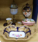 A late Meissen two-handled dish, a Crown Derby vase and cover, a 'jewelled' cassolet, a cup and