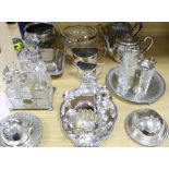 A silver sugar coaster, a specimen vase, a tortoiseshell tray and a quantity of silver plated items