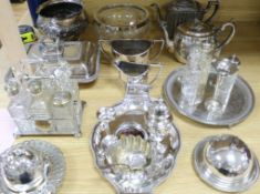 A silver sugar coaster, a specimen vase, a tortoiseshell tray and a quantity of silver plated items