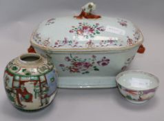 An 18th Chinese famille rose tureen and cover, a similar bowl and crackleglaze jar tureen height