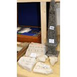 A black variegated marble obelisk and five Ancient carved marble Roman / Greek fragments obelisk