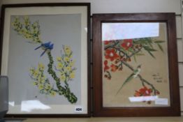 Two Chinese watercolours on silk of birds and flowers, 38 x 29cm and 33 x 25cm