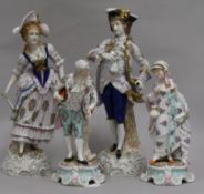 A pair of Thuringian figures, Gallant and Companion and a pair of similar Sitzendorf figures Largest