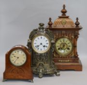 Three mantel clocks, including one oak, one brass and one Swiss tallest 42cm