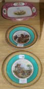 A pair of Prattware plates and a Staffordshire pink bordered cake dish painted with a pheasant