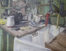 British Kitchen Sink School, oil on board, still life of a kitchen sink, 34 x 44cm