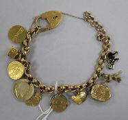 A 9ct gold charm bracelet hung with ten assorted charms, gross weight 37.6 grams.