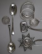 A small collection of silver items, including a Victorian Ancient Order of Foresters star-shaped