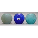 Three Lalique green / blue glass leaf vases 11cm.From the estate of the late Sheila Farebrother.