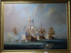Max Brandreth oil on canvas, galleons in battle, signed, 75 x 100cm