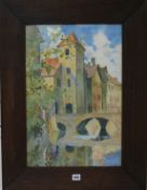 Charles Mangin (Belgian 1892-1977), watercolour, Continental townscape with bridge and canal, signed