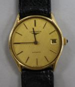 A gentleman's steel and gold plated Longines automatic wrist watch.