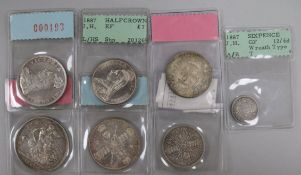 A group of Queen Victorian 1887 silver coinage - a crown, VF, two Double Florins, AUNC and GEF,