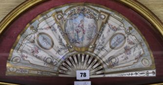 Two 19th century French painted paper fans, in gilt fan shaped cases