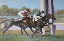 Graham Isom, oil on canvas, horse racing scene, signed, 50 x 75cm