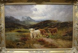 O. Hindmarsh, oil on canvas, Highland cattle in a valley, signed, 50 x 76cm