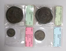 Two 1797 cartwheel Two pence coins, VF and GF, an 1887 halfpenny GEF and an 1887 farthing GVF