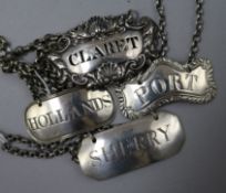 Four George III/IV silver wine labels 'Hollands'; Elizabeth Morley, London 1804, 'Sherry'; James