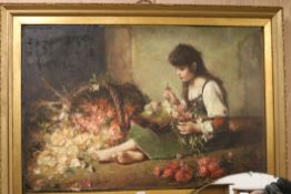 Shelton (20th century), oil on board, study of a young girl, seated with flowers, signed (the canvas