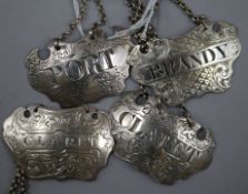Four William IV/Victorian silver wine labels 'Claret' Reily & Storer 1830, near matching but