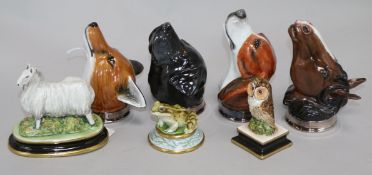 Three Michael Sutty animals, owl, frog and sheep and four Royal Stratford stirrup cups with plated